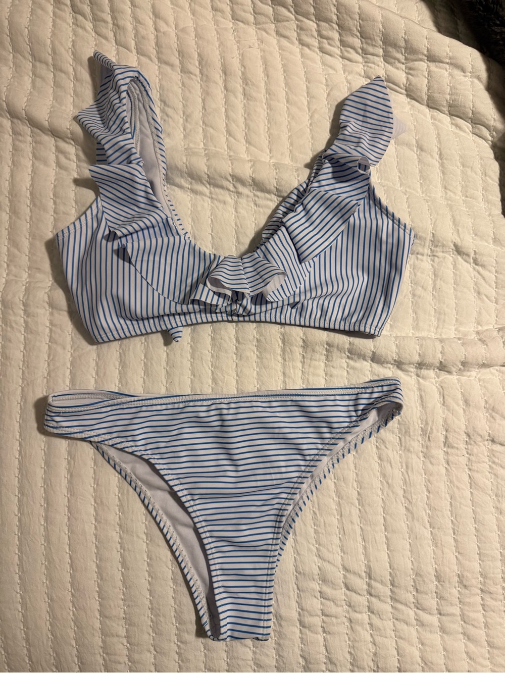 Striped Ruffle Bikini Set - Blue & White